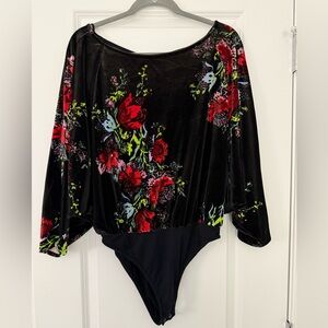 Free People Black and Red Floral Velvet Bodysuit Top Size Small